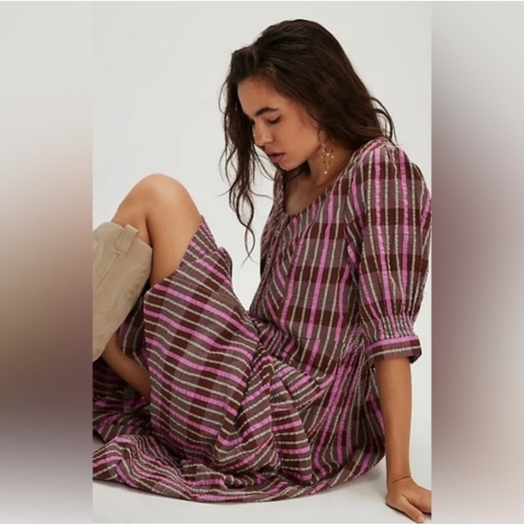 Free People Pink and Brown Plaid Midi Dress - Picture 4 of 7